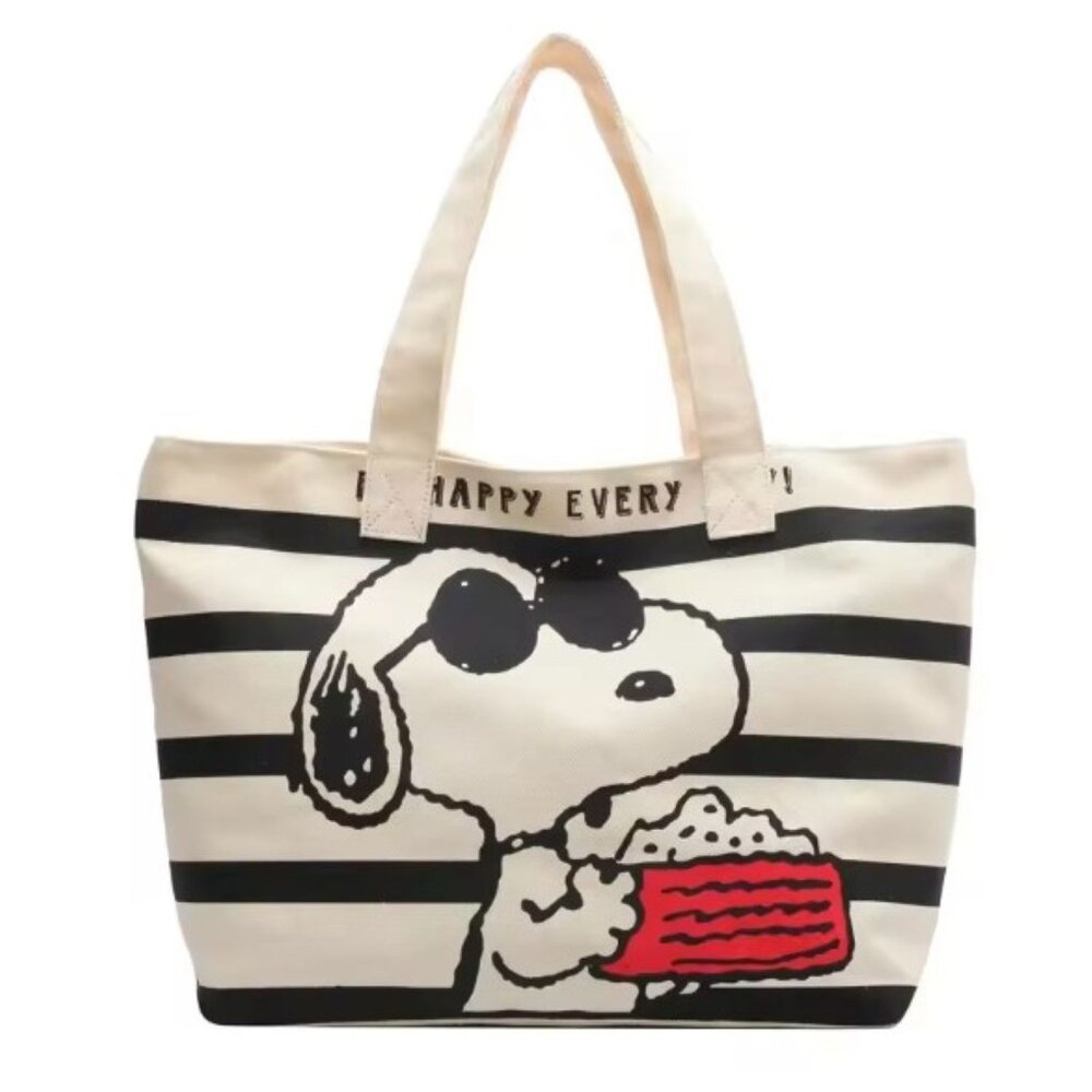 Snoopy Canvas Tote Bag Striped Shopping Bag 16x11 Reusable Carryall - Picture 5 of 5